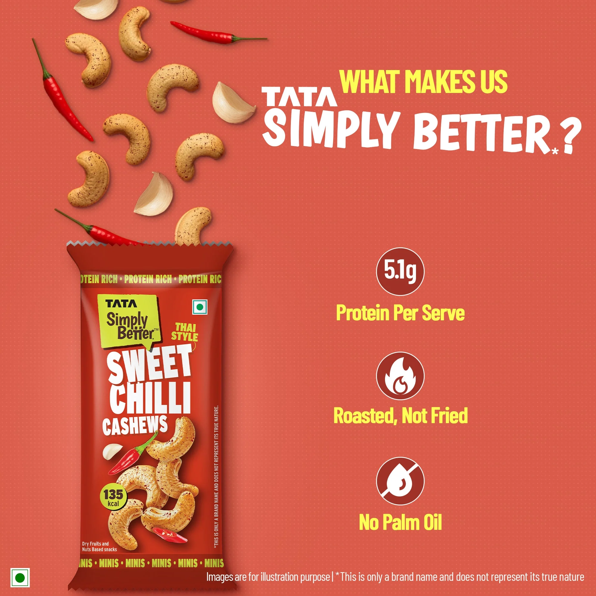 Tata Simply Better Sweet Chilli Flavoured Roasted Cashews, 23g x Pack of 6 - 138g - Image 5
